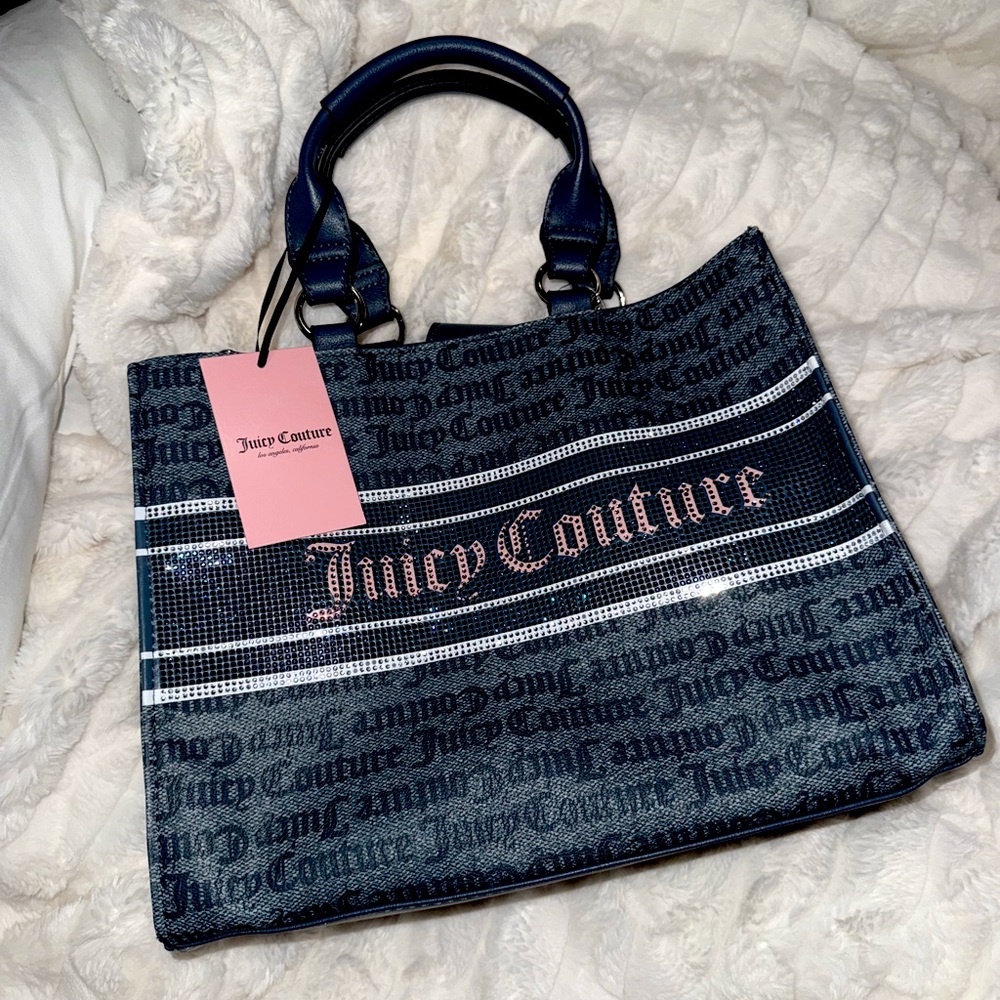 Denim Tote Bag Juicy Couture Blue Purse Bling Rhinestone Logo Statement Handbag